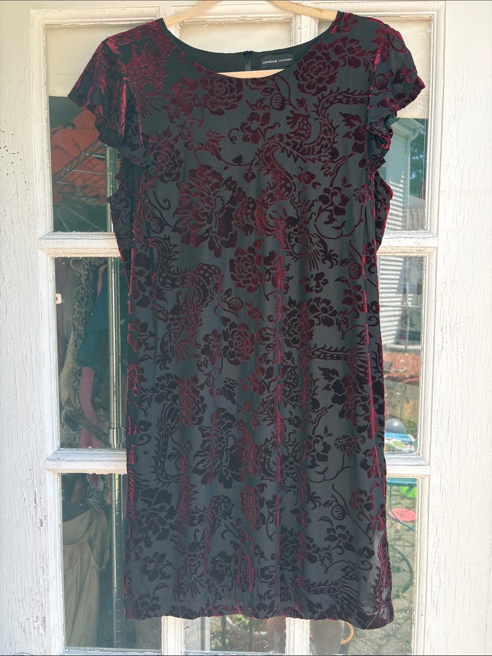 Adrienne Vittadini Black Dress with Burgundy Burnout Floral